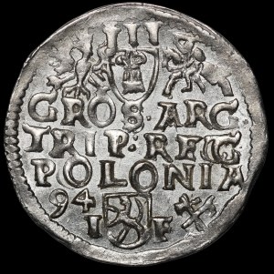 Sigismund III Vasa, Trojak 1594, Poznań - crown with lily without border - hybrid - beautiful