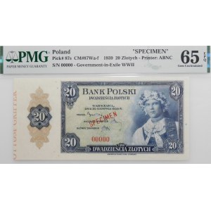 20 złotych 1939 - SPECIMEN - druk ABNCo - szeroki margines