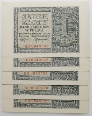 set of 5 x 1 gold 1941 - ser. BD - consecutive numbers