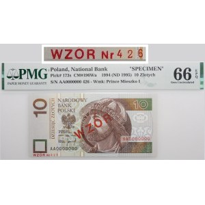 10 złotych 1994 - ser. AA 0000000 - WZÓR - Nr 426 (3-cyfrowy)