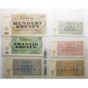 Czechosłowacja - zestaw - Getto Terezin - 1, 2, 5, 10, 20, 100 koron 1943 r.