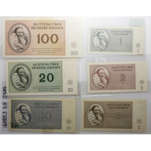 Czechosłowacja - zestaw - Getto Terezin - 1, 2, 5, 10, 20, 100 koron 1943 r.