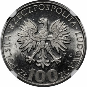 PROSPECTED nickel 100 gold 1974 Maria Skłodowska-Curie, denomination at the bottom of the obverse