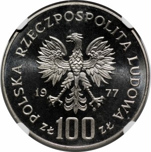 NIKIEL 100 zlotys 1977 Henryk Sienkiewicz - head interrupts the inscription in the rim