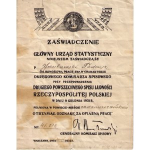 ODZNAKA Z ZAŚWIADCZENIEM, ZA OFIARNĄ PRACĘ 9.XII.1931, II POWSZECHNY SPIS LUDNOŚCI, Polska, Reising, 1931