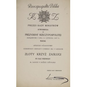 DYPLOM KRZYŻA ZASŁUGI ANTONIEGO POŻAROWSKIEGO, 1937