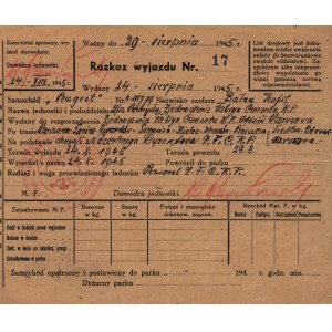 Objednávka na odjezd služebního vozu Peugeot [Varšava 1945].