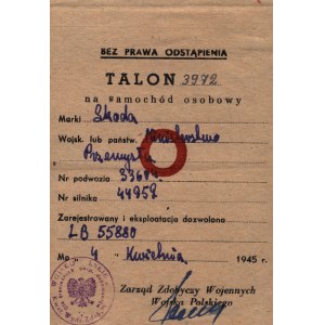 Talon für einen Skoda-Pkw [1945].