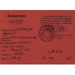 Świadectwo zarejestrowania samochodu [Warszawa 1945]