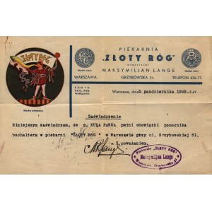 Zaświadczenie pracy [warszawska piekarnia ,,Złoty Róg’’ 5 października 1939]