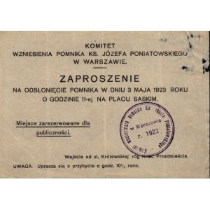 Zaproszenie na odsłonięcie pomnika Ks. Józefa Poniatowskiego w dniu 3 maja 1923 roku o godzinie 11-ej na Placu Saskim.