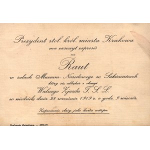 Invitation from the President of Krakow to a raffle in the halls of the National Museum [1919].