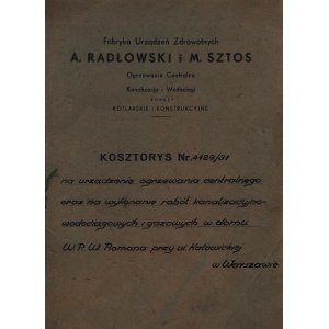 Przedwojenny kosztorys na zakup oraz montaż urządzeń ogrzewania centralnego wykonany przez Fabrykę Urządzeń Zdrowotnych A. Radłowski i M. Sztos dla senatora Walerego Romana [1936]