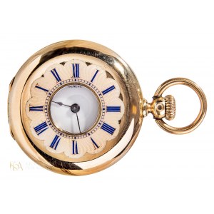 Patek Philippe, kapesní hodinky s poloplášťem (19./20. století) se zlatým řetízkem