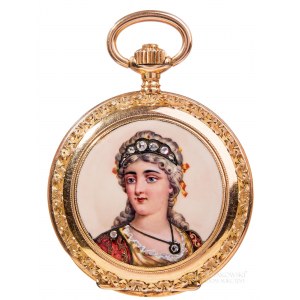 Longines, Taschenuhr mit Frauenporträt und Diamanten (19./20. Jahrhundert).