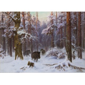 Ignacy Zygmuntowicz (1875 Warschau - 1947 Lodz), Eine Rotte Wildschweine in einem Winterwald