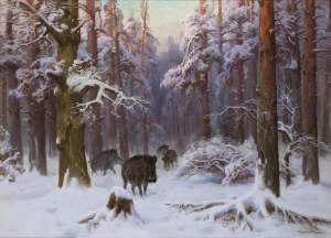 Ignacy Zygmuntowicz (1875 Warszawa - 1947 Łódź), Wataha dzików w zimowym lesie