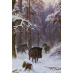 Ignacy Zygmuntowicz (1875 Warsaw - 1947 Lodz), A pack of wild boars in a winter forest