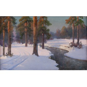 Wiktor Korecki (1890 Kamieniec Podolski - 1980 Milanówek near Warsaw), Winter landscape with a stream