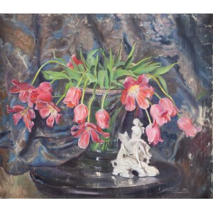 Jan Kazimierz Dzieliński (1894 Lwów - 1955 Nowy Targ), Martwa natura z tulipanami i porcelanową figurką, 1943