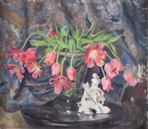 Jan Kazimierz Dzieliński (1894 Lwów - 1955 Nowy Targ), Martwa natura z tulipanami i porcelanową figurką, 1943