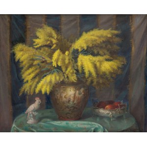 Błażej Iwanowski (1889 Jablonna - 1966 Warsaw), Still life with mimosas and a parrot, 1959