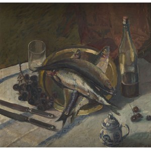 Wilk (Wilhelm) Ossecki (1892 Brody - 1958 Warsaw), Still life with fish and grapes, ca1938