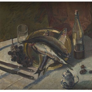 Wilk (Wilhelm) Ossecki (1892 Brody - 1958 Varšava), Zátišie s rybami a hroznom, asi 1938