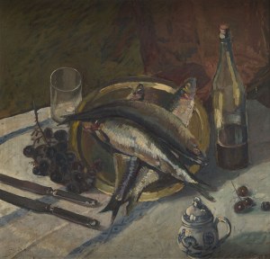 Wilk (Wilhelm) Ossecki (1892 Brody - 1958 Warszawa), Martwa natura z rybami i winogronami, około1938