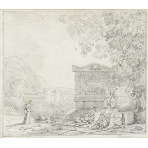 CLAUDE I THIENON (Paris, 1772 - 1846), Landscape with beggars near the so-called Tomb of Nerone