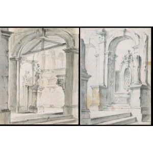 ITALIAN ARTIST, 18th CENTURY, a) Architectural foreshortening with statue and balcony; b) Architectural foreshortening with broken columns and fountain. Pair of drawings.