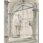 ITALIAN ARTIST, 18th CENTURY, a) Architectural foreshortening with statue and balcony; b) Architectural foreshortening with broken columns and fountain. Pair of drawings.