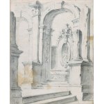 ITALIAN ARTIST, 18th CENTURY, a) Architectural foreshortening with statue and balcony; b) Architectural foreshortening with broken columns and fountain. Pair of drawings.