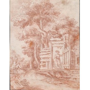 NORTH EUROPEAN ARTIST, 18th CENTURY, Landscape with two figures, small bridge and courtyard entrance