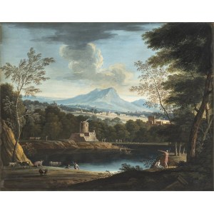 ROMAN ARTIST, FIRST HALF OF 18th CENTURY, Ideal landscape with shepherds and herds by a lake with a castle in the background