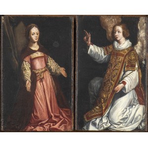 FLEMISH ARTIST, 16th CENTURY, a) Virgin of the Annunciation; b) Gabriel The Archangel . Pair of panels on the same wooden support.
