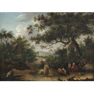 FLEMISH ARTIST, 17th CENTURY, Landscape with wayfarers and figures resting under a tree