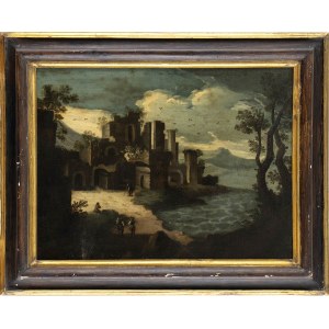 FLEMISH ARTIST ACTIVE IN ROME, FIRST 17th CENTURY, Coastal capriccio with ruins and beggars