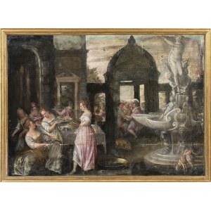 LODEWIJK TOEPUT CALLED LUDOVICO POZZOSERRATO (Antwerpen o Malines, 1550 ca. - Treviso, 1605), Bankett im Garten einer Villa mit einem großen Springbrunnen
