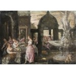 LODEWIJK TOEPUT CALLED LUDOVICO POZZOSERRATO (Antwerpen o Malines, 1550 ca. - Treviso, 1605), Bankett im Garten einer Villa mit einem großen Springbrunnen