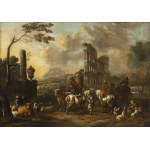 ANTON GOUBAU (Antwerp, 1616 - 1698), ATTRIBUTED TO, Horsemen, shepherds and herds in a landscape with classical ruins and the remains of an amphitheatre