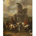 ANTON GOUBAU (Antwerp, 1616 - 1698), ATTRIBUTED TO, Horsemen, shepherds and herds in a landscape with classical ruins and the remains of an amphitheatre