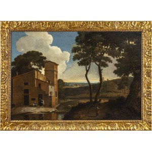 ROMAN SCHOOL, SECOND HALF OF 17th CENTURY, Latium landscape with dwelling and washerwomen by the river
