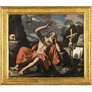 CIRCLE OF GIOVANNI FRANCESCO BARBIERI CALLED GUERCINO (Cento, 1591 - Bologna, 1666), Saint Jerome penitent in the desert hears the trumpets of the Last Judgement