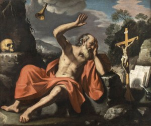 CIRCLE OF GIOVANNI FRANCESCO BARBIERI CALLED GUERCINO (Cento, 1591 - Bologna, 1666), Saint Jerome penitent in the desert hears the trumpets of the Last Judgement