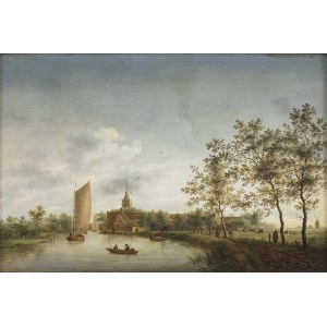 DUTCH ARTIST, 17th CENTURY, Dutch landscape with river boats and wayfarers
