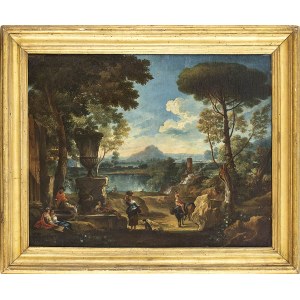 ARTISTA FRANCESE ATTIVO A ROMA, SECONDA METÀ DEL XVII SECOLO, Paesaggio con lago, fontana, grande vaso con maschere e figure