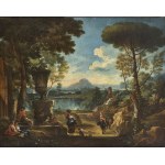 FRENCH ARTIST ACTIVE IN ROME, SECOND HALF OF 17th CENTURY, Landscape with lake, fountain, large vase with masks and figures