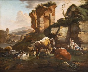 JOHANN HEINRICH ROOS (Frankfurt, 1631-1685), Landscape with herds and ruins