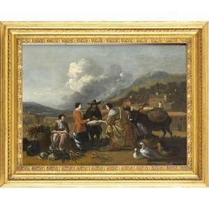 HENDRICK MOMMERS (Haarlem, 1623 - 1697), ZUGESCHRIEBEN, Bauern verkaufen Gemüse auf einer großen sonnigen Lichtung